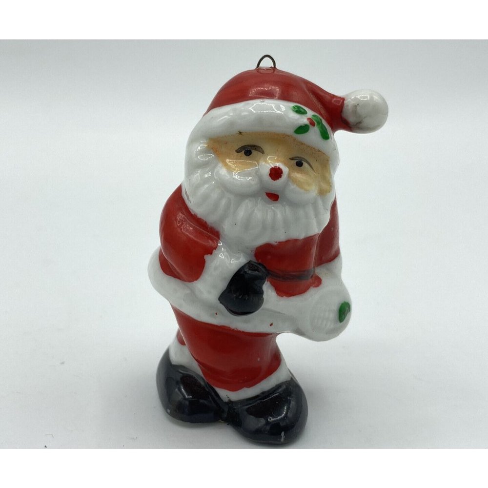 Vintage Santa Claus Playing Tennis Porcelain Christmas Ornament 2"